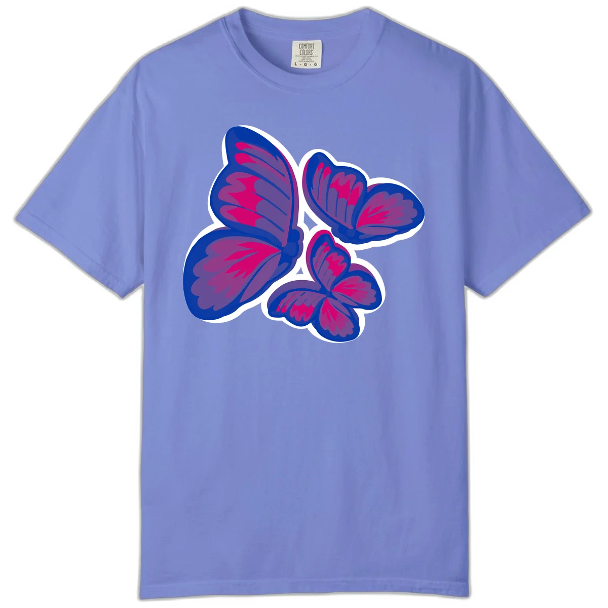 Colorful butterfly sticker design featuring four blue and magenta butterflies with layered wings and gradient shading on gray background in Flo Blue