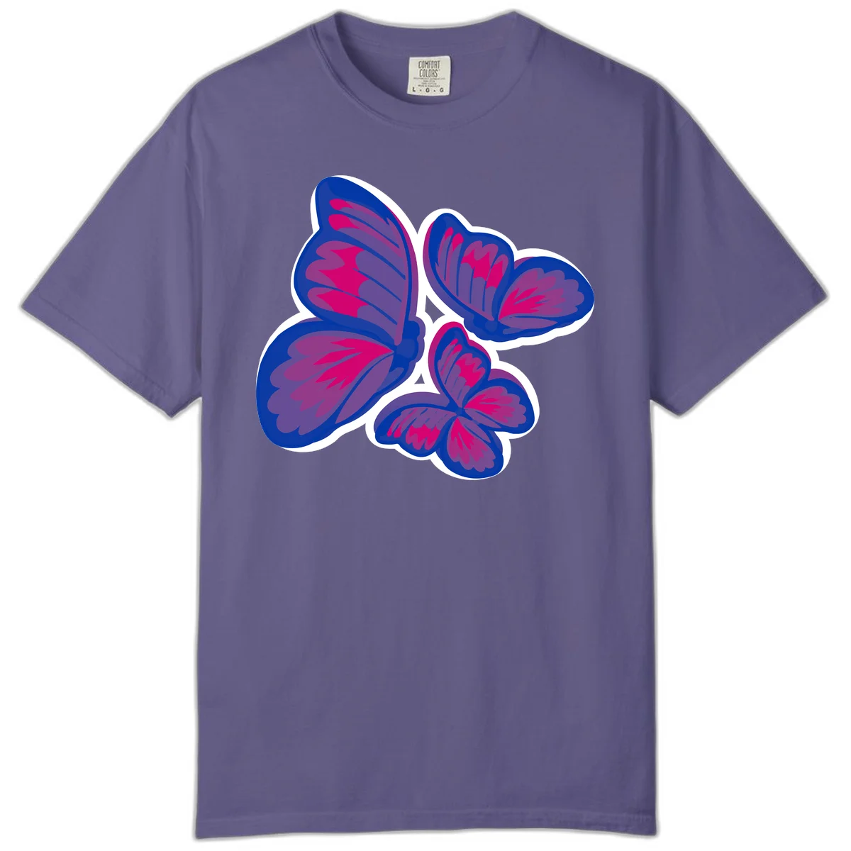 Colorful butterfly sticker design featuring four blue and magenta butterflies with layered wings and gradient shading on gray background in Grape