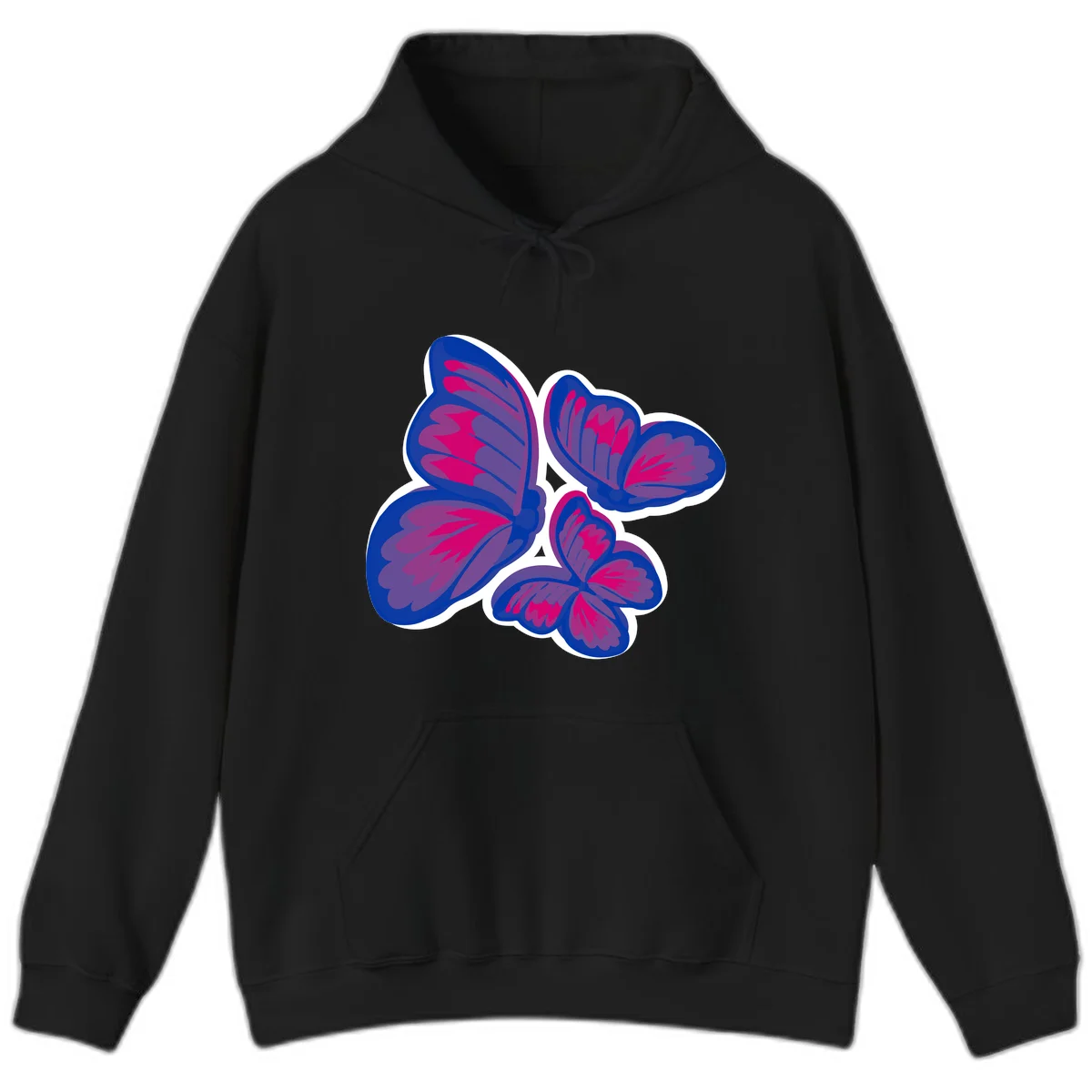 Colorful butterfly sticker design featuring four blue and magenta butterflies with layered wings and gradient shading on gray background in Black
