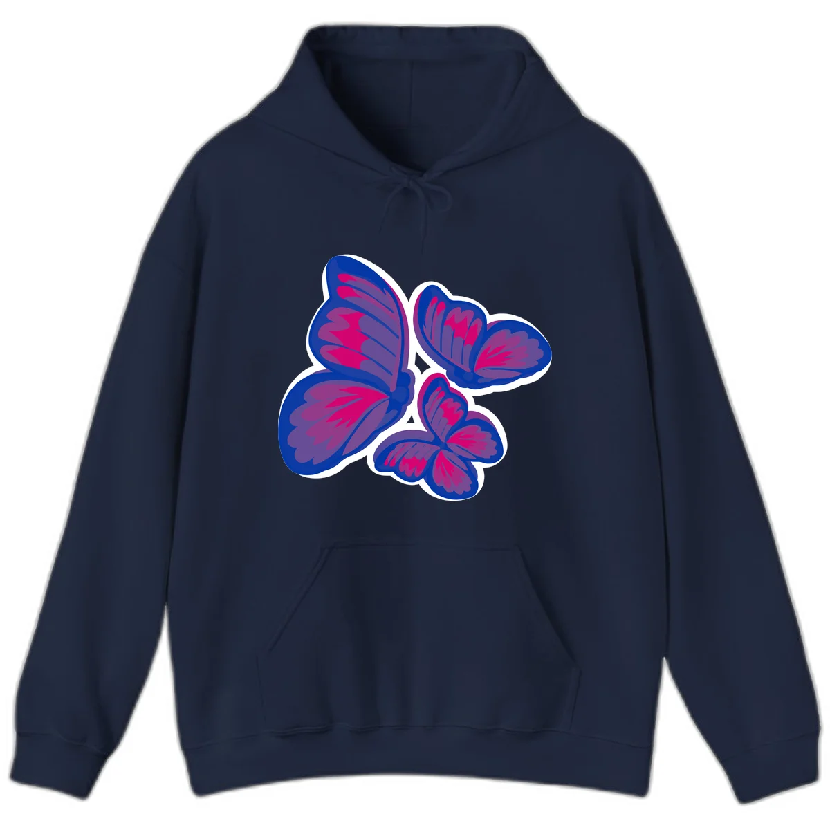 Colorful butterfly sticker design featuring four blue and magenta butterflies with layered wings and gradient shading on gray background in Navy