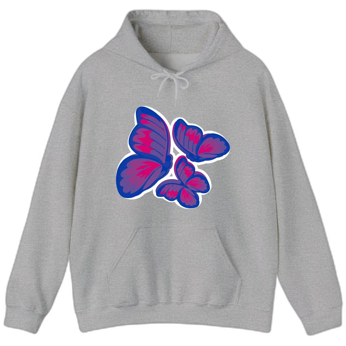 Colorful butterfly sticker design featuring four blue and magenta butterflies with layered wings and gradient shading on gray background in Sport Grey