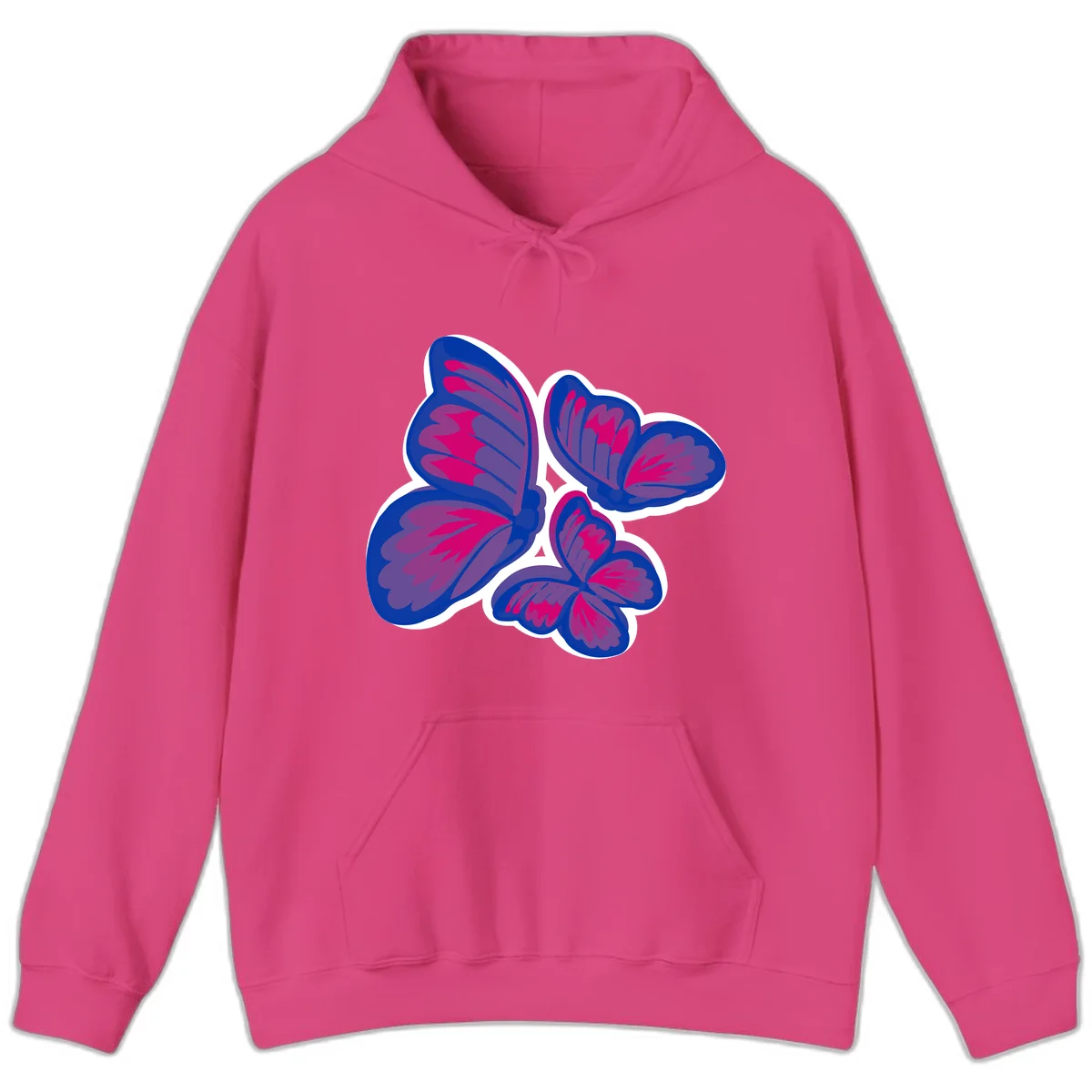 Colorful butterfly sticker design featuring four blue and magenta butterflies with layered wings and gradient shading on gray background in Heliconia