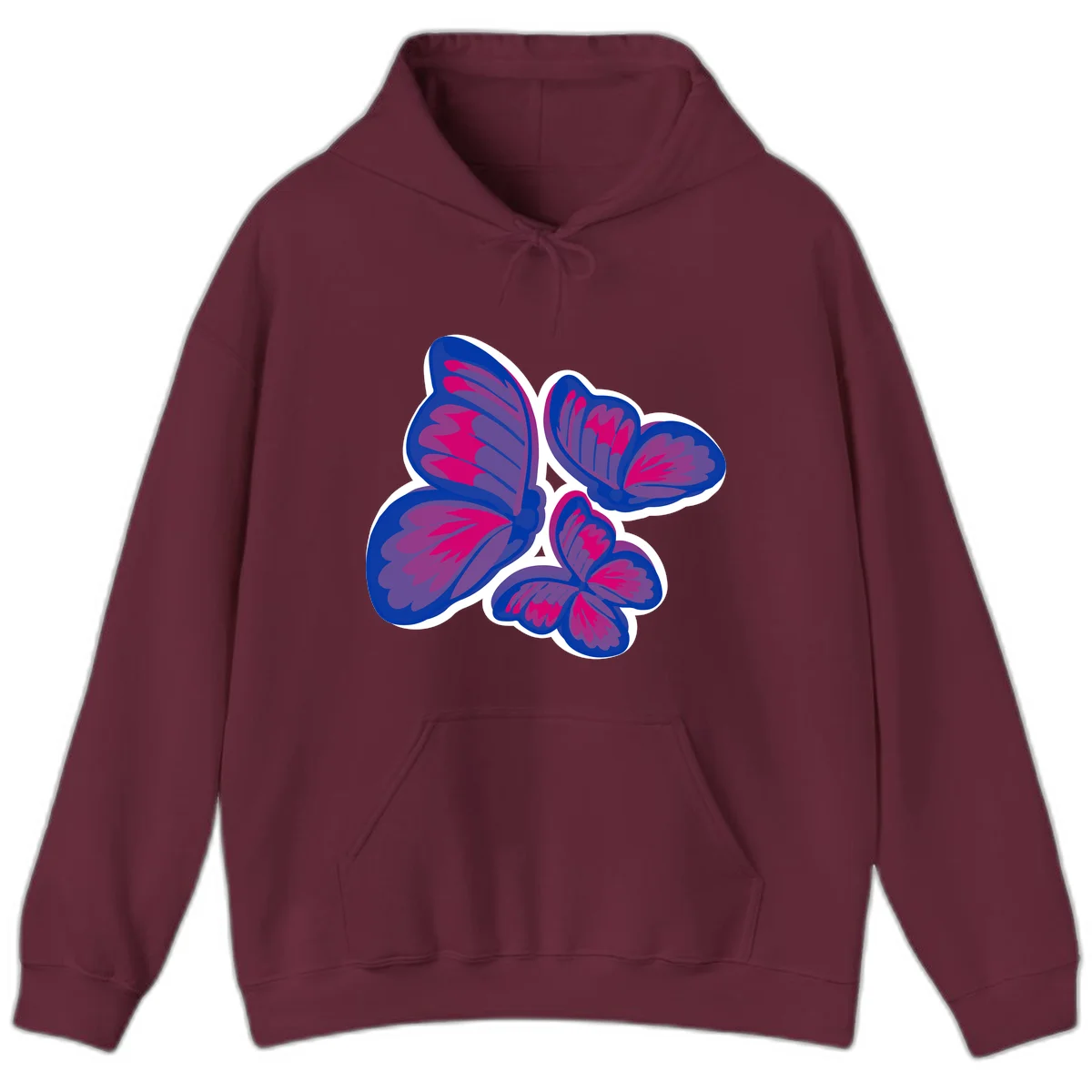 Colorful butterfly sticker design featuring four blue and magenta butterflies with layered wings and gradient shading on gray background in Maroon