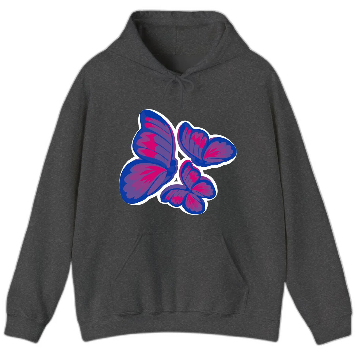 Colorful butterfly sticker design featuring four blue and magenta butterflies with layered wings and gradient shading on gray background in Dark Heather