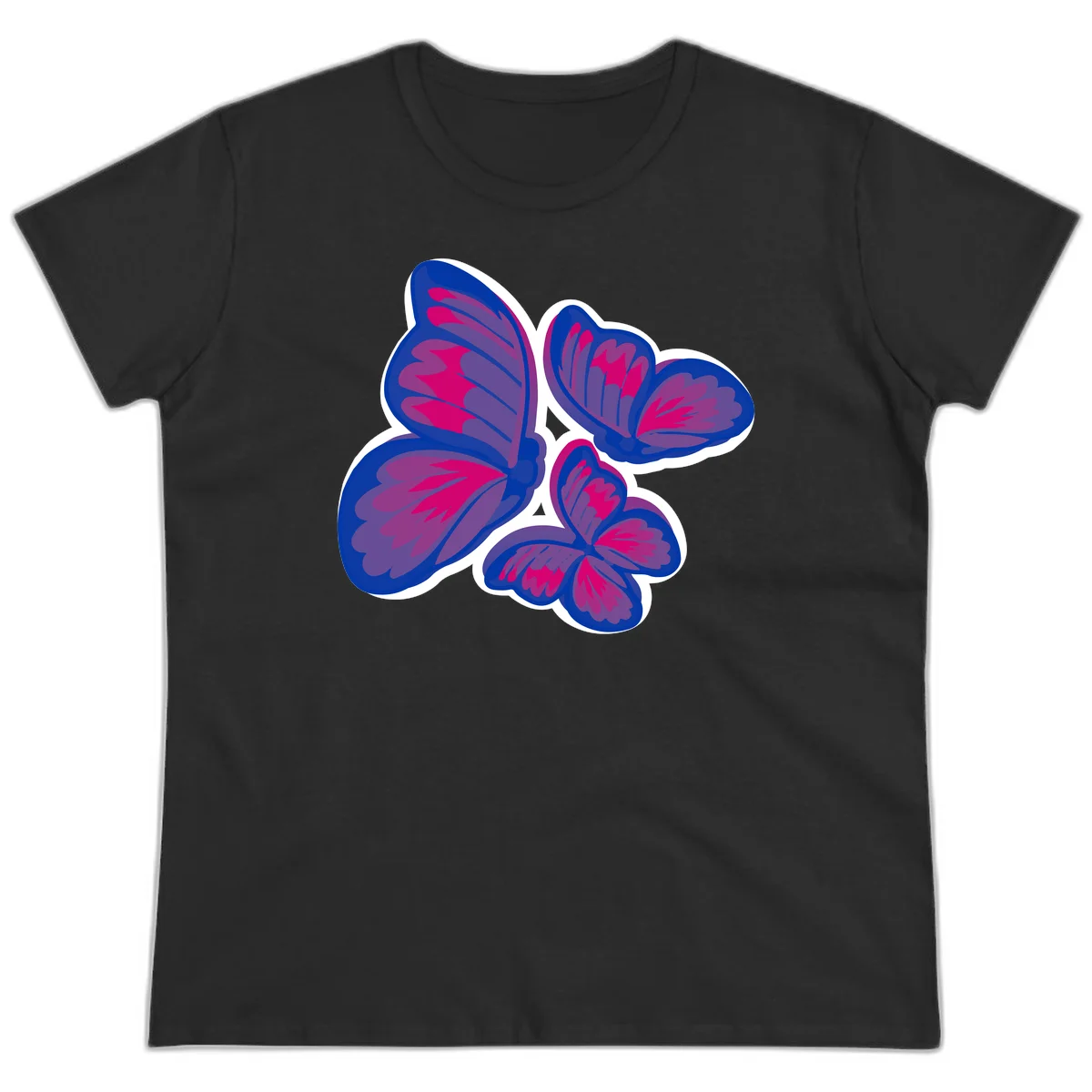 Colorful butterfly sticker design featuring four blue and magenta butterflies with layered wings and gradient shading on gray background in Black
