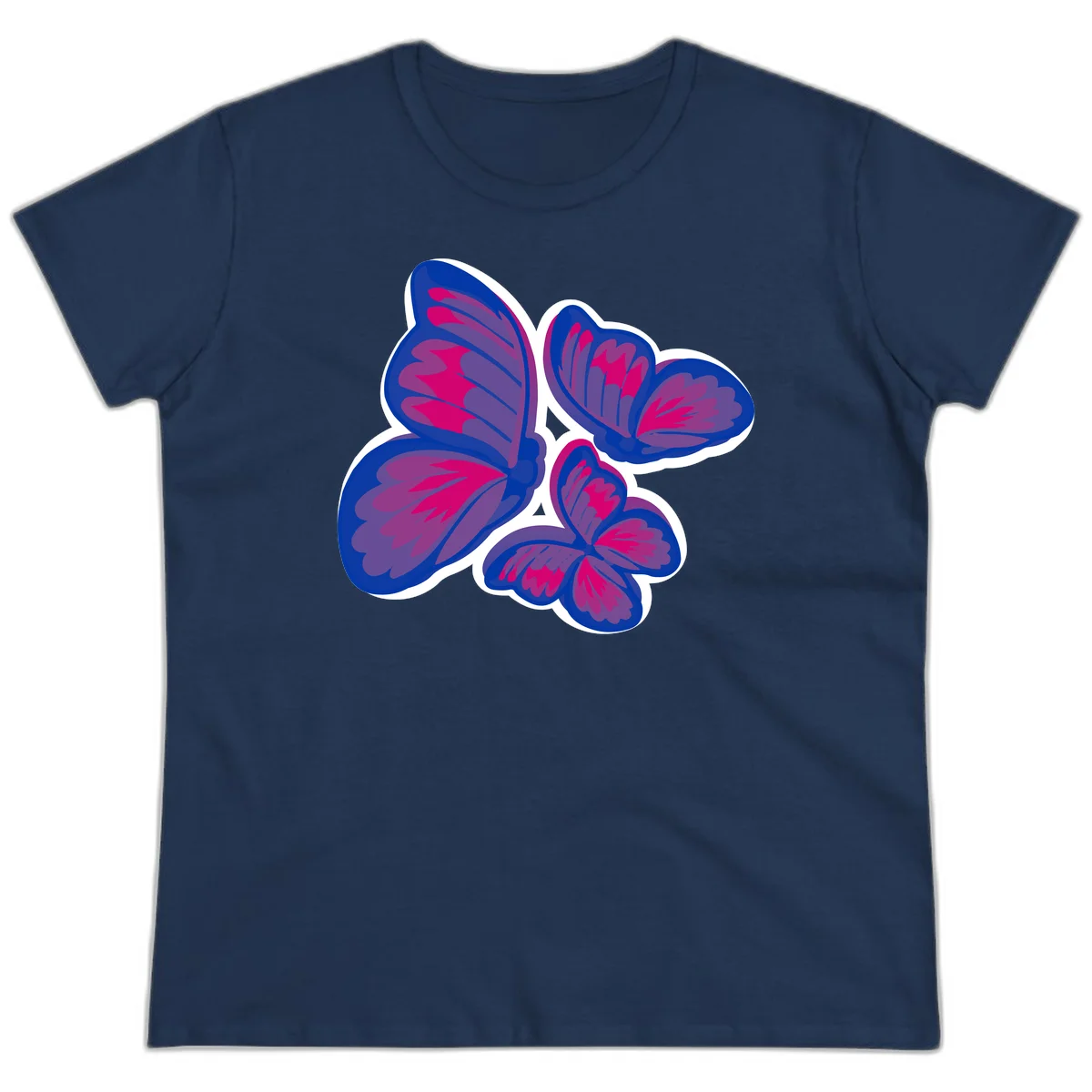 Colorful butterfly sticker design featuring four blue and magenta butterflies with layered wings and gradient shading on gray background in Navy