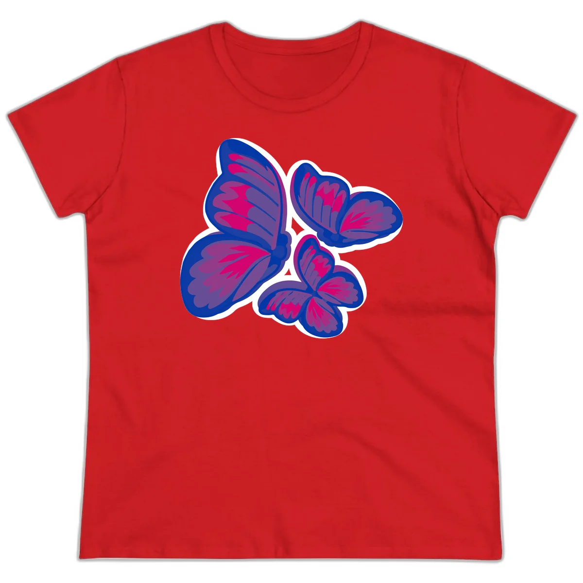 Colorful butterfly sticker design featuring four blue and magenta butterflies with layered wings and gradient shading on gray background in Red