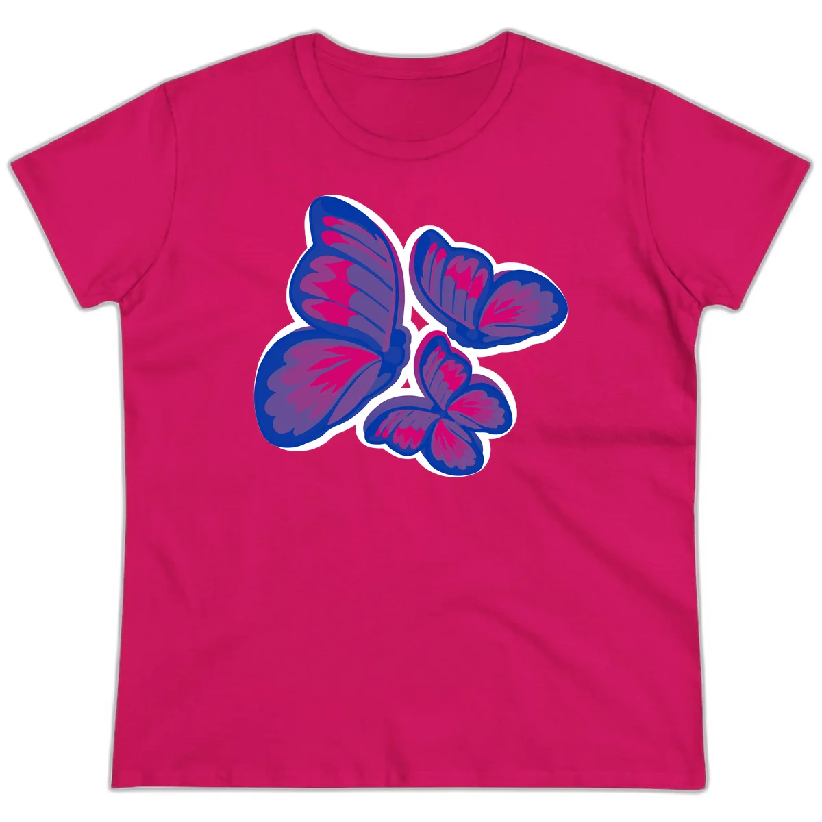 Colorful butterfly sticker design featuring four blue and magenta butterflies with layered wings and gradient shading on gray background in Heliconia