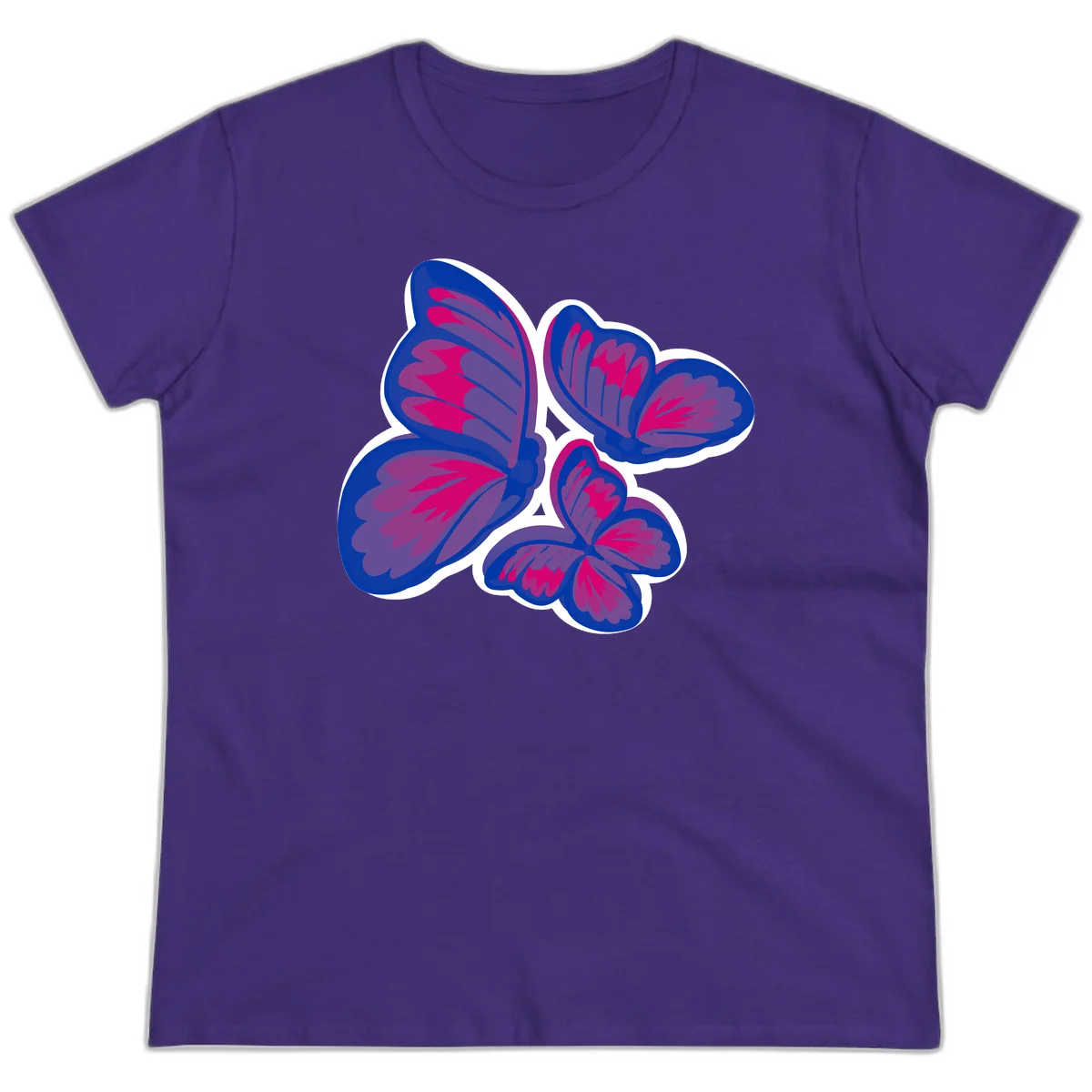 Colorful butterfly sticker design featuring four blue and magenta butterflies with layered wings and gradient shading on gray background in Purple