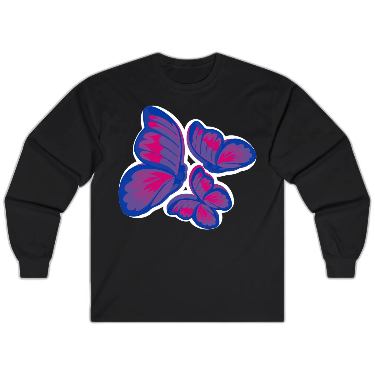 Colorful butterfly sticker design featuring four blue and magenta butterflies with layered wings and gradient shading on gray background in Black