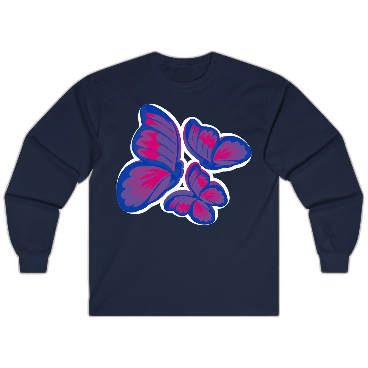 Colorful butterfly sticker design featuring four blue and magenta butterflies with layered wings and gradient shading on gray background in Navy