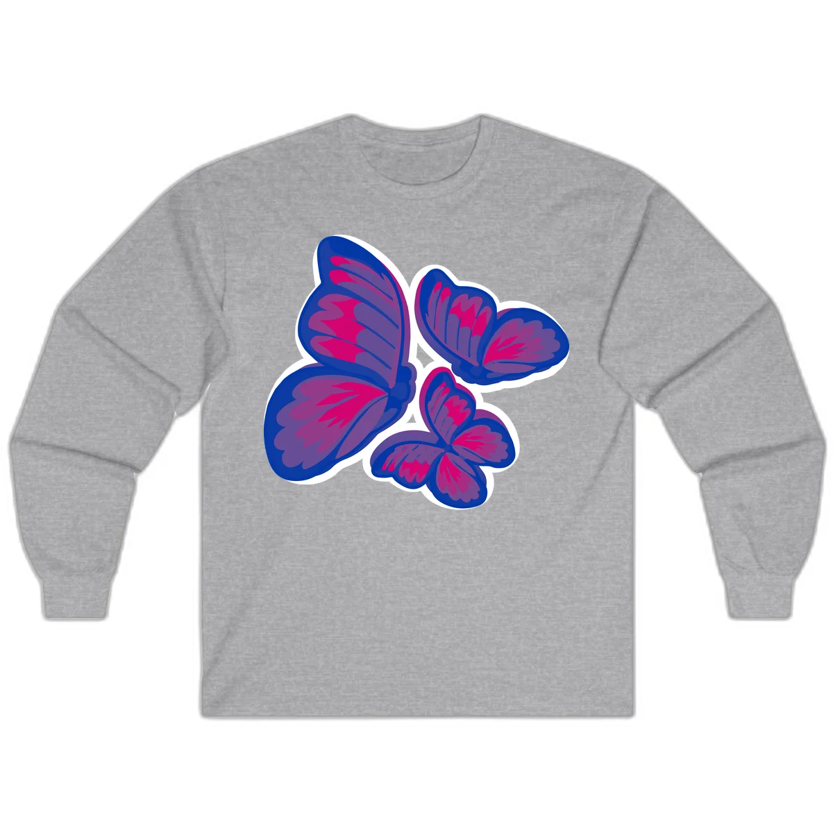 Colorful butterfly sticker design featuring four blue and magenta butterflies with layered wings and gradient shading on gray background in Sport Grey