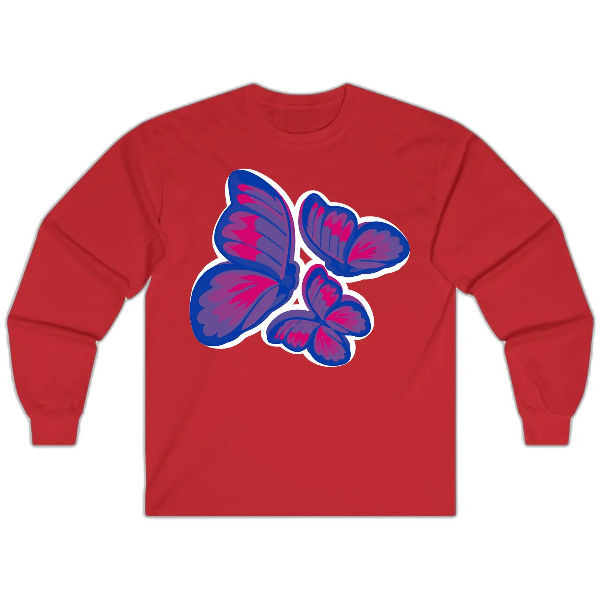 Colorful butterfly sticker design featuring four blue and magenta butterflies with layered wings and gradient shading on gray background in Red