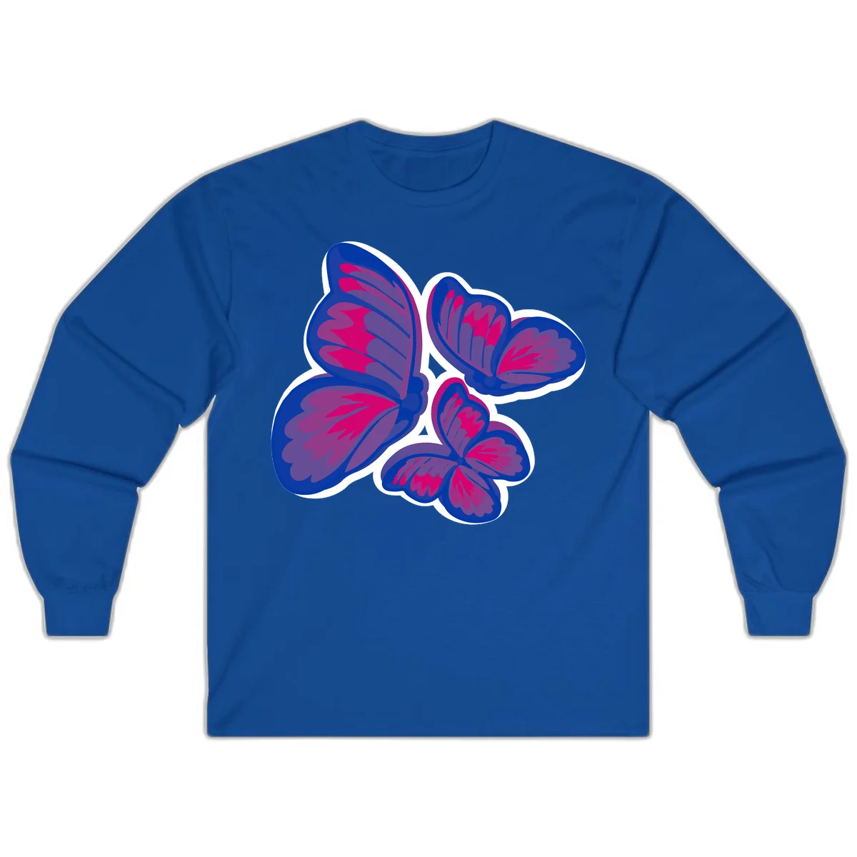 Colorful butterfly sticker design featuring four blue and magenta butterflies with layered wings and gradient shading on gray background in Royal