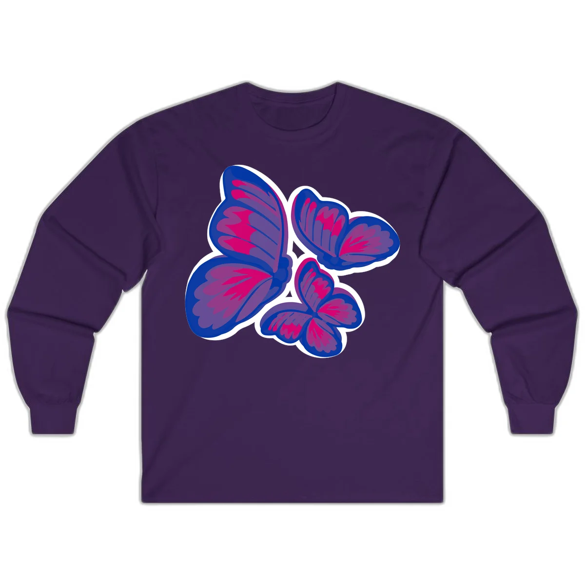 Colorful butterfly sticker design featuring four blue and magenta butterflies with layered wings and gradient shading on gray background in Purple