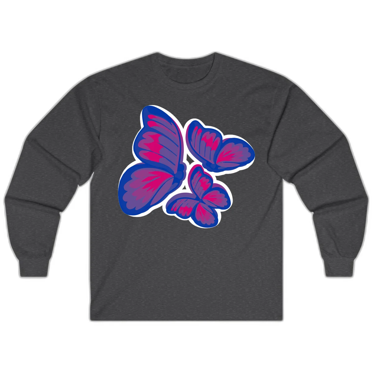 Colorful butterfly sticker design featuring four blue and magenta butterflies with layered wings and gradient shading on gray background in Dark Heather