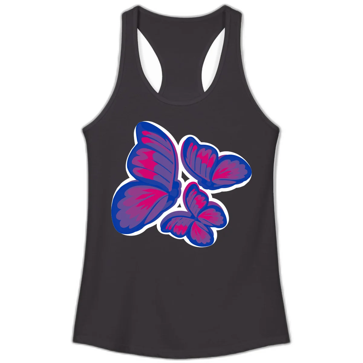 Colorful butterfly sticker design featuring four blue and magenta butterflies with layered wings and gradient shading on gray background in Black