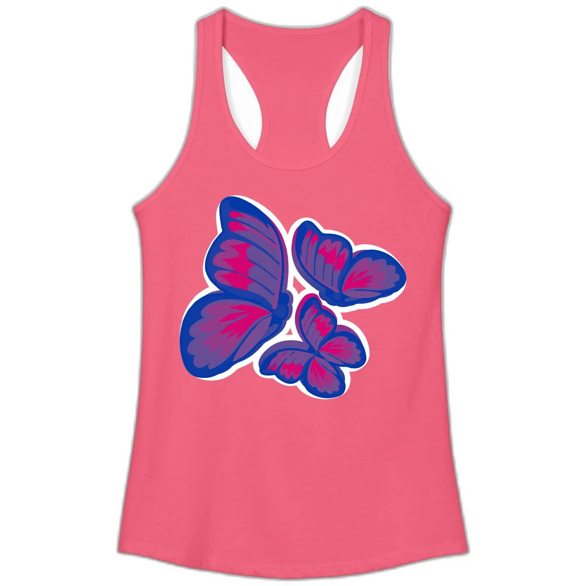 Colorful butterfly sticker design featuring four blue and magenta butterflies with layered wings and gradient shading on gray background in Hot Pink