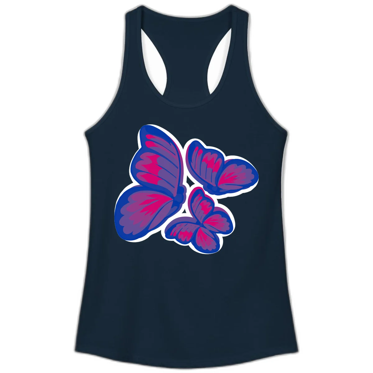Colorful butterfly sticker design featuring four blue and magenta butterflies with layered wings and gradient shading on gray background in Solid Midnight Navy
