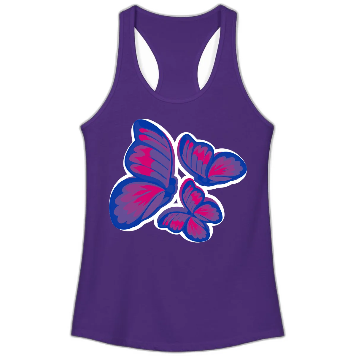 Colorful butterfly sticker design featuring four blue and magenta butterflies with layered wings and gradient shading on gray background in Solid Purple Rush