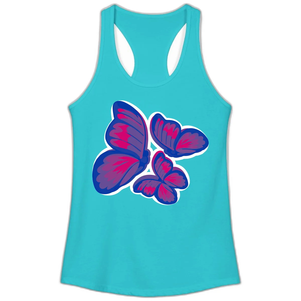 Colorful butterfly sticker design featuring four blue and magenta butterflies with layered wings and gradient shading on gray background in Solid Tahiti Blue