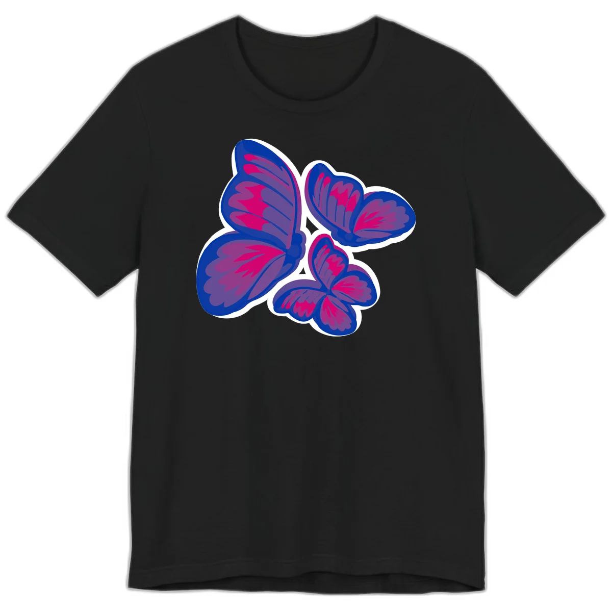 Colorful butterfly sticker design featuring four blue and magenta butterflies with layered wings and gradient shading on gray background in Black