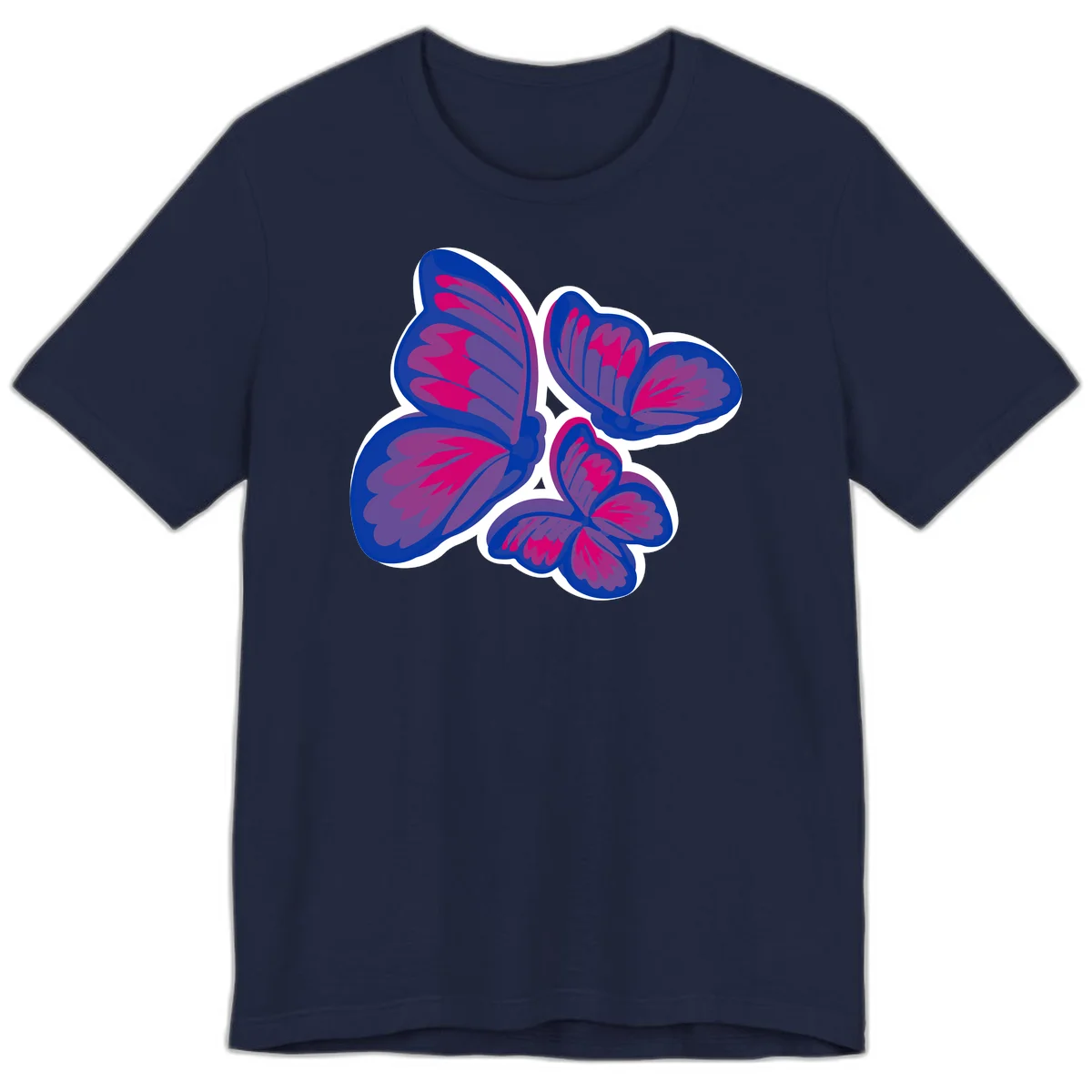 Colorful butterfly sticker design featuring four blue and magenta butterflies with layered wings and gradient shading on gray background in Navy