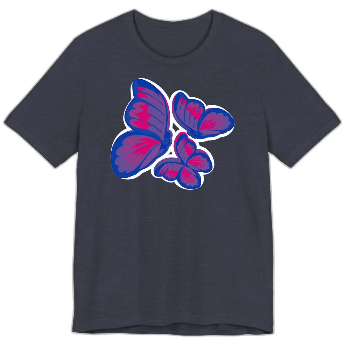 Colorful butterfly sticker design featuring four blue and magenta butterflies with layered wings and gradient shading on gray background in Heather Midnight Navy