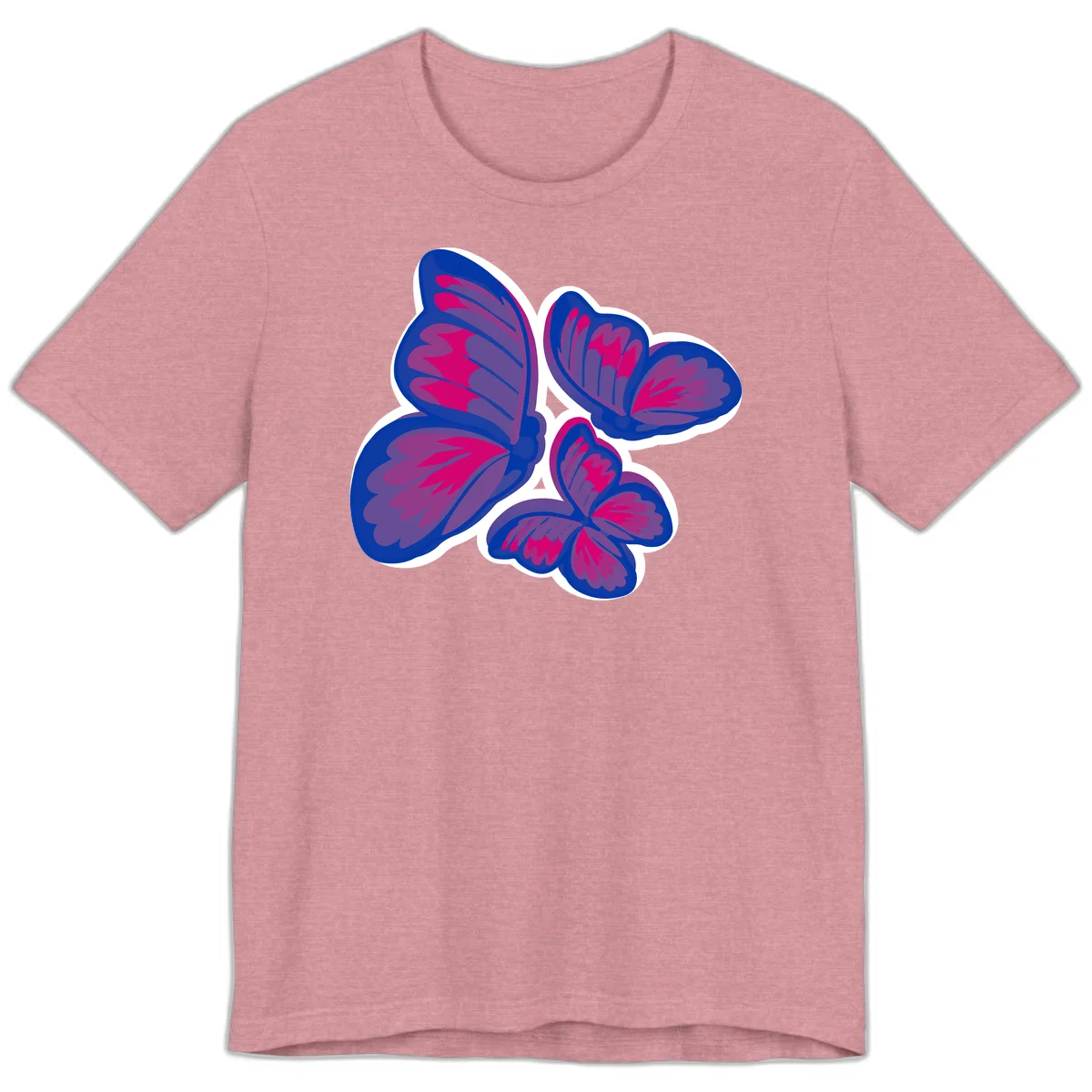Colorful butterfly sticker design featuring four blue and magenta butterflies with layered wings and gradient shading on gray background in Heather Orchid