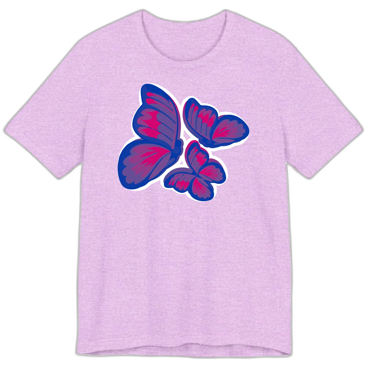 Colorful butterfly sticker design featuring four blue and magenta butterflies with layered wings and gradient shading on gray background in Heather Prism Lilac