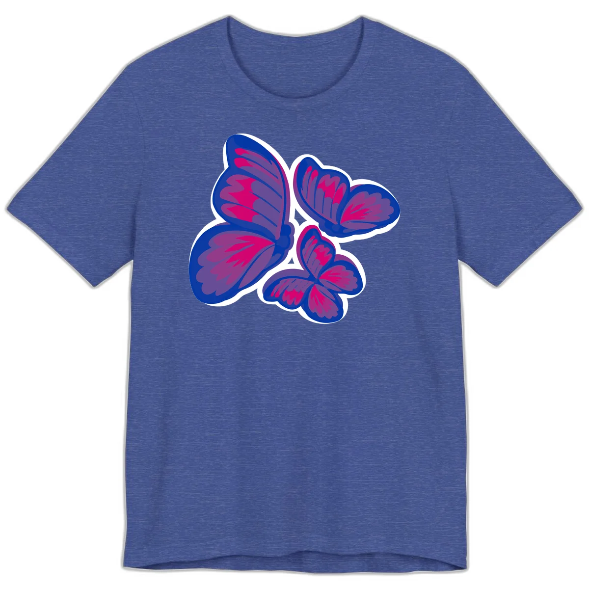 Colorful butterfly sticker design featuring four blue and magenta butterflies with layered wings and gradient shading on gray background in Heather True Royal