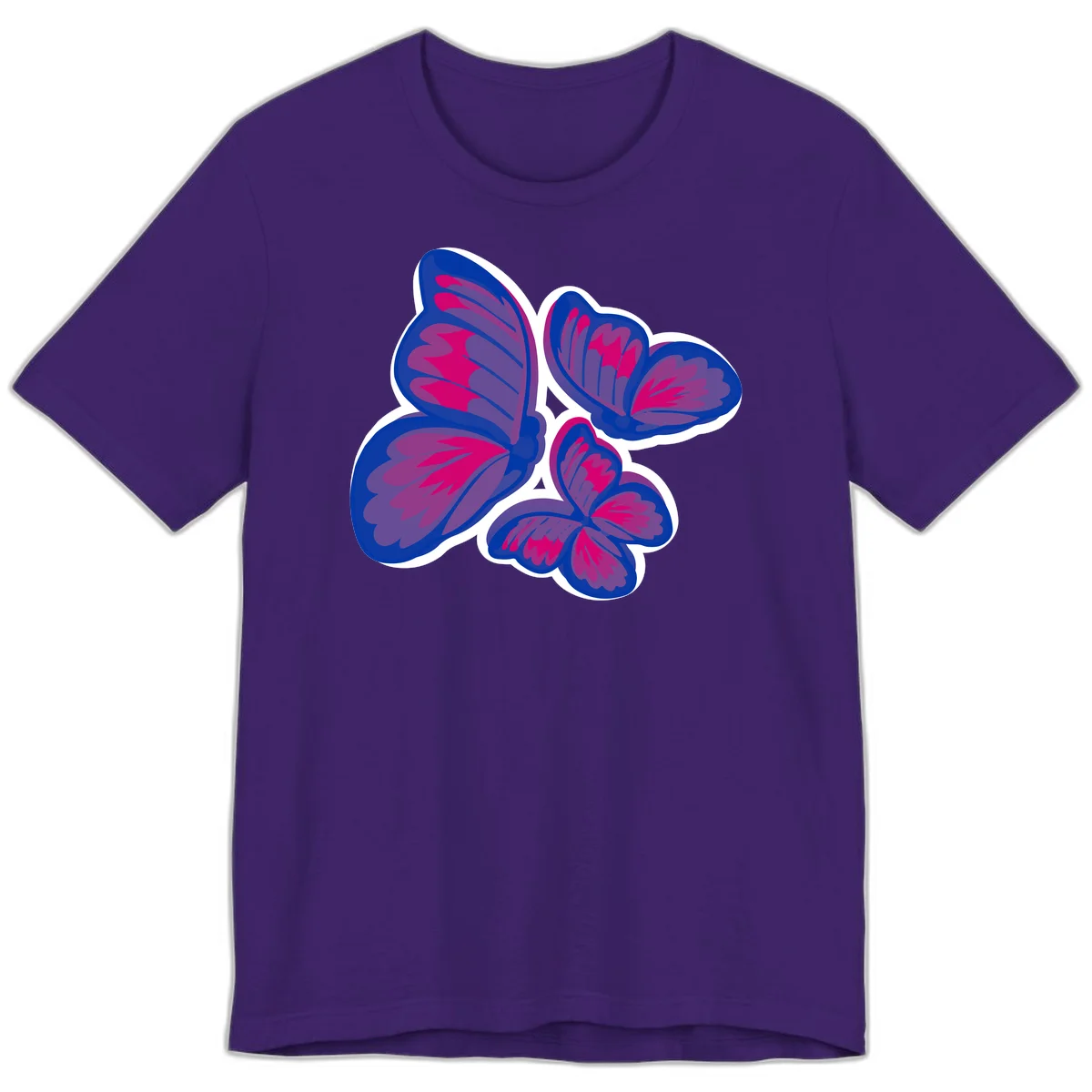 Colorful butterfly sticker design featuring four blue and magenta butterflies with layered wings and gradient shading on gray background in Team Purple