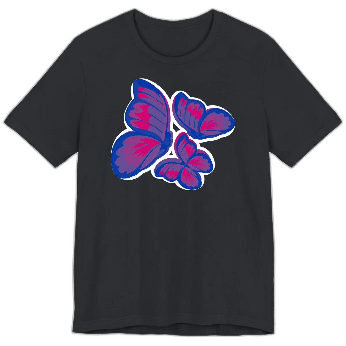 Colorful butterfly sticker design featuring four blue and magenta butterflies with layered wings and gradient shading on gray background in Vintage Black