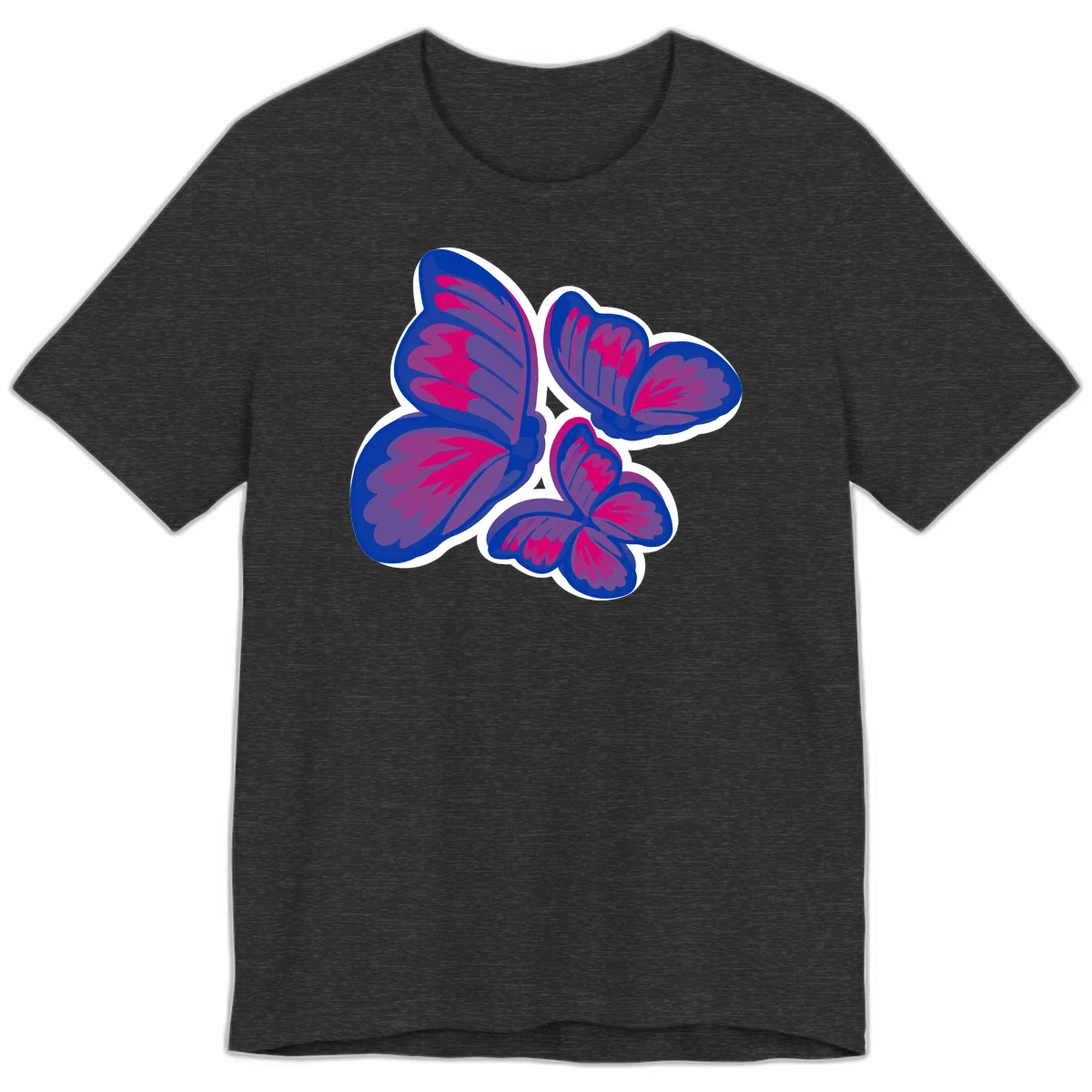 Colorful butterfly sticker design featuring four blue and magenta butterflies with layered wings and gradient shading on gray background in Dark Grey Heather