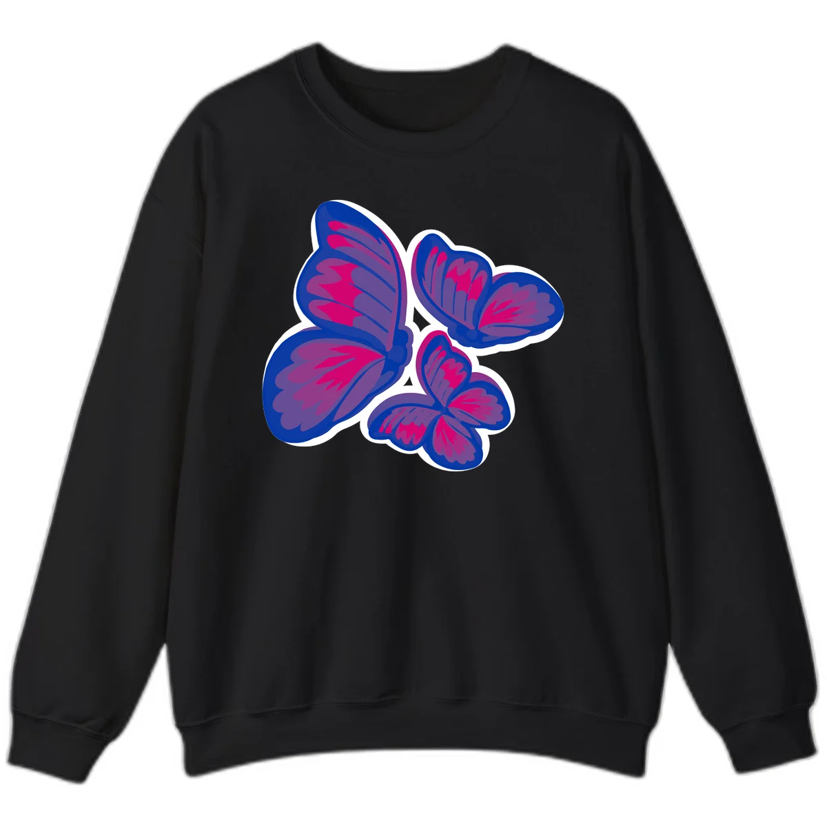 Colorful butterfly sticker design featuring four blue and magenta butterflies with layered wings and gradient shading on gray background in Black
