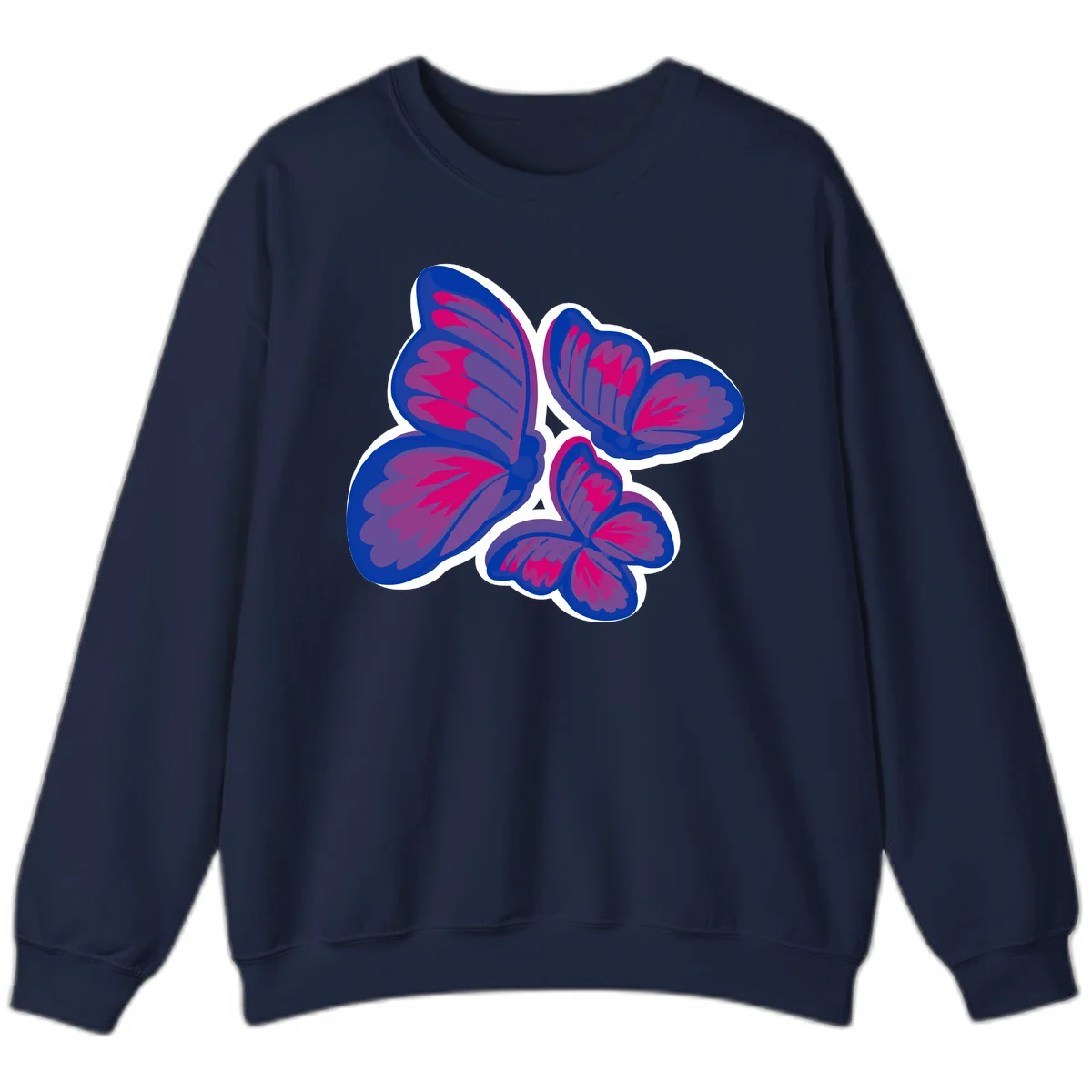 Colorful butterfly sticker design featuring four blue and magenta butterflies with layered wings and gradient shading on gray background in Navy