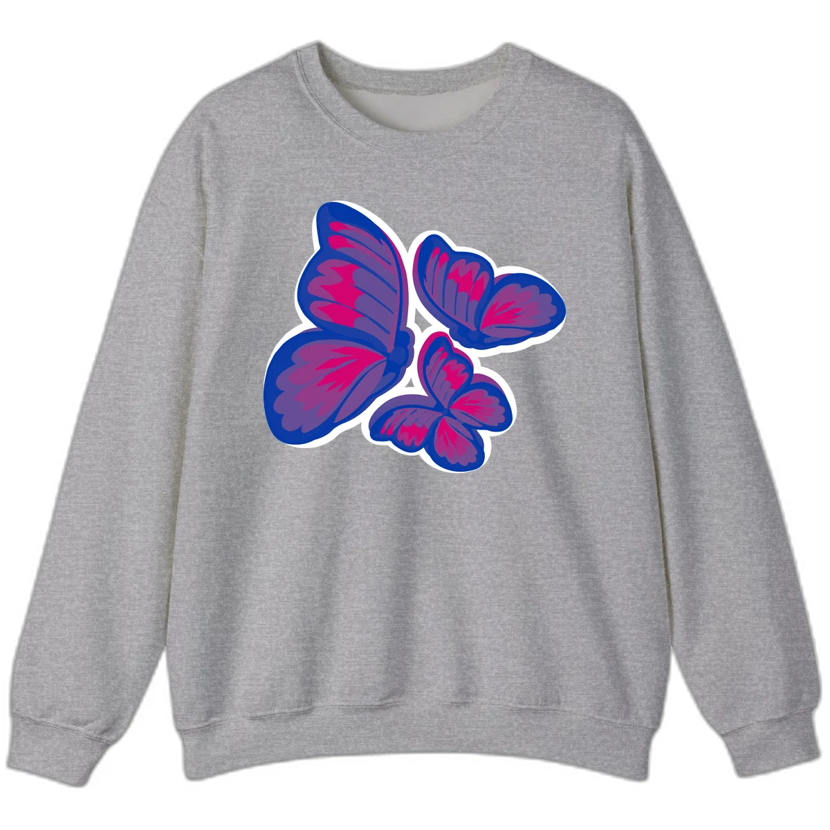 Colorful butterfly sticker design featuring four blue and magenta butterflies with layered wings and gradient shading on gray background in Sport Grey