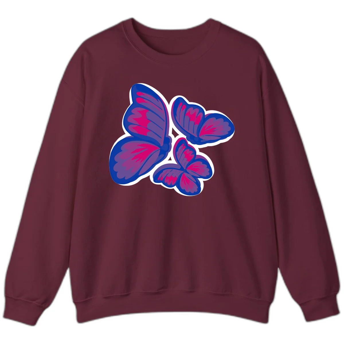 Colorful butterfly sticker design featuring four blue and magenta butterflies with layered wings and gradient shading on gray background in Maroon