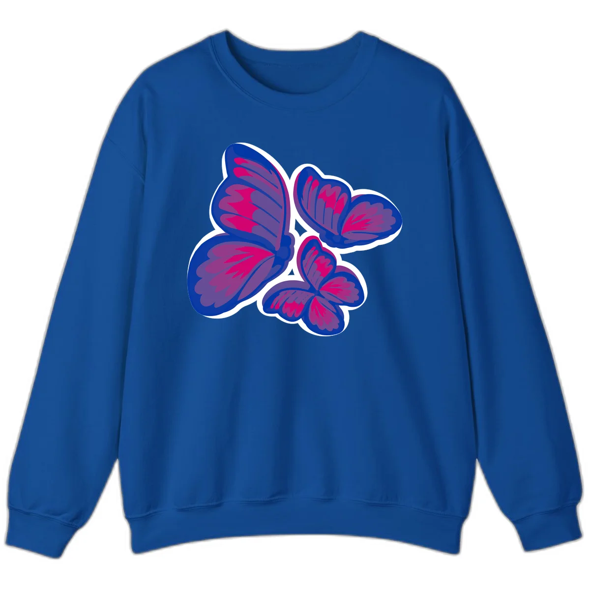 Colorful butterfly sticker design featuring four blue and magenta butterflies with layered wings and gradient shading on gray background in Royal