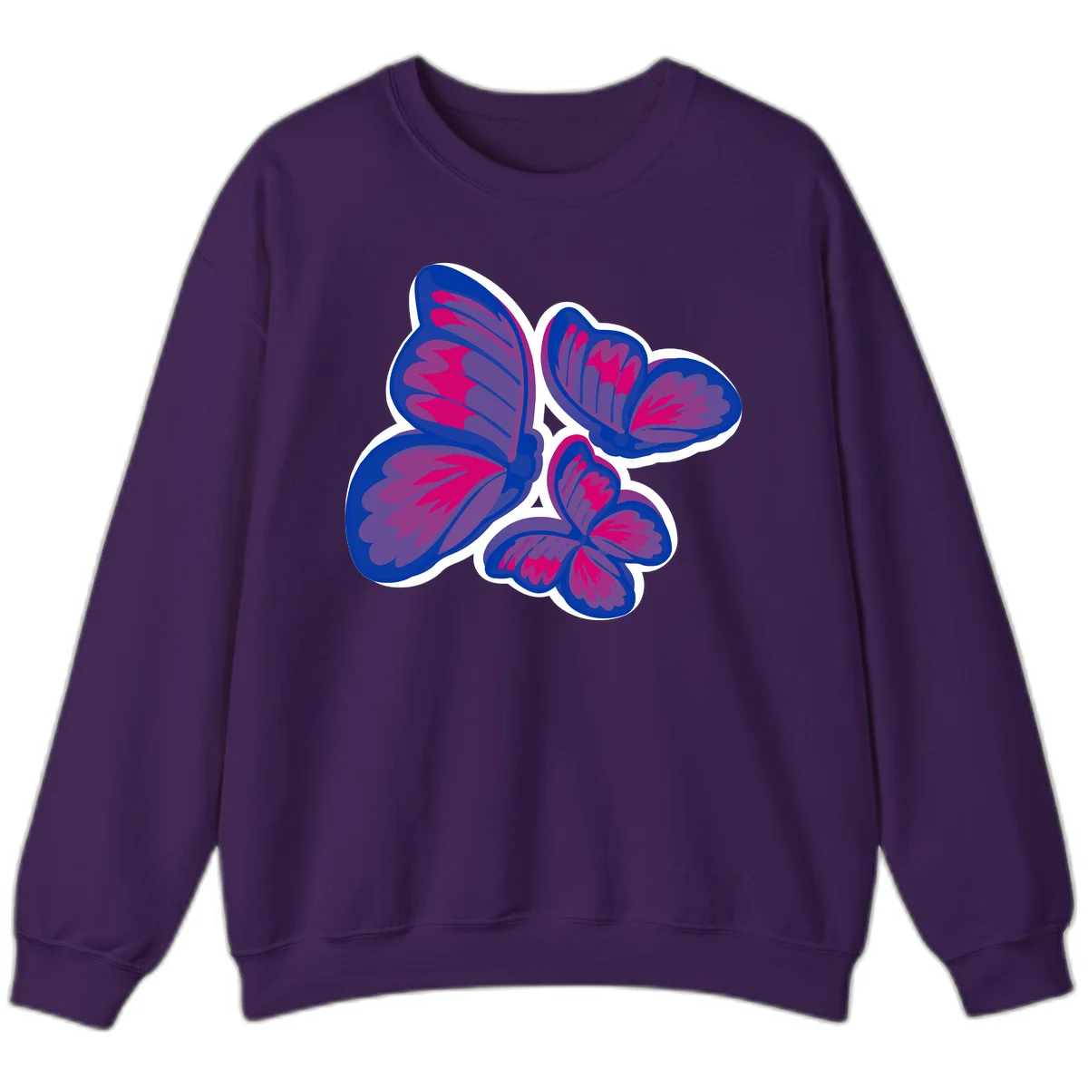 Colorful butterfly sticker design featuring four blue and magenta butterflies with layered wings and gradient shading on gray background in Purple