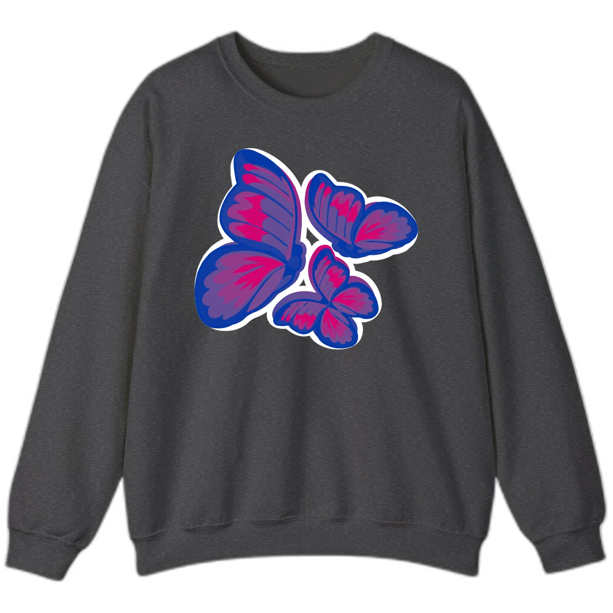 Colorful butterfly sticker design featuring four blue and magenta butterflies with layered wings and gradient shading on gray background in Dark Heather