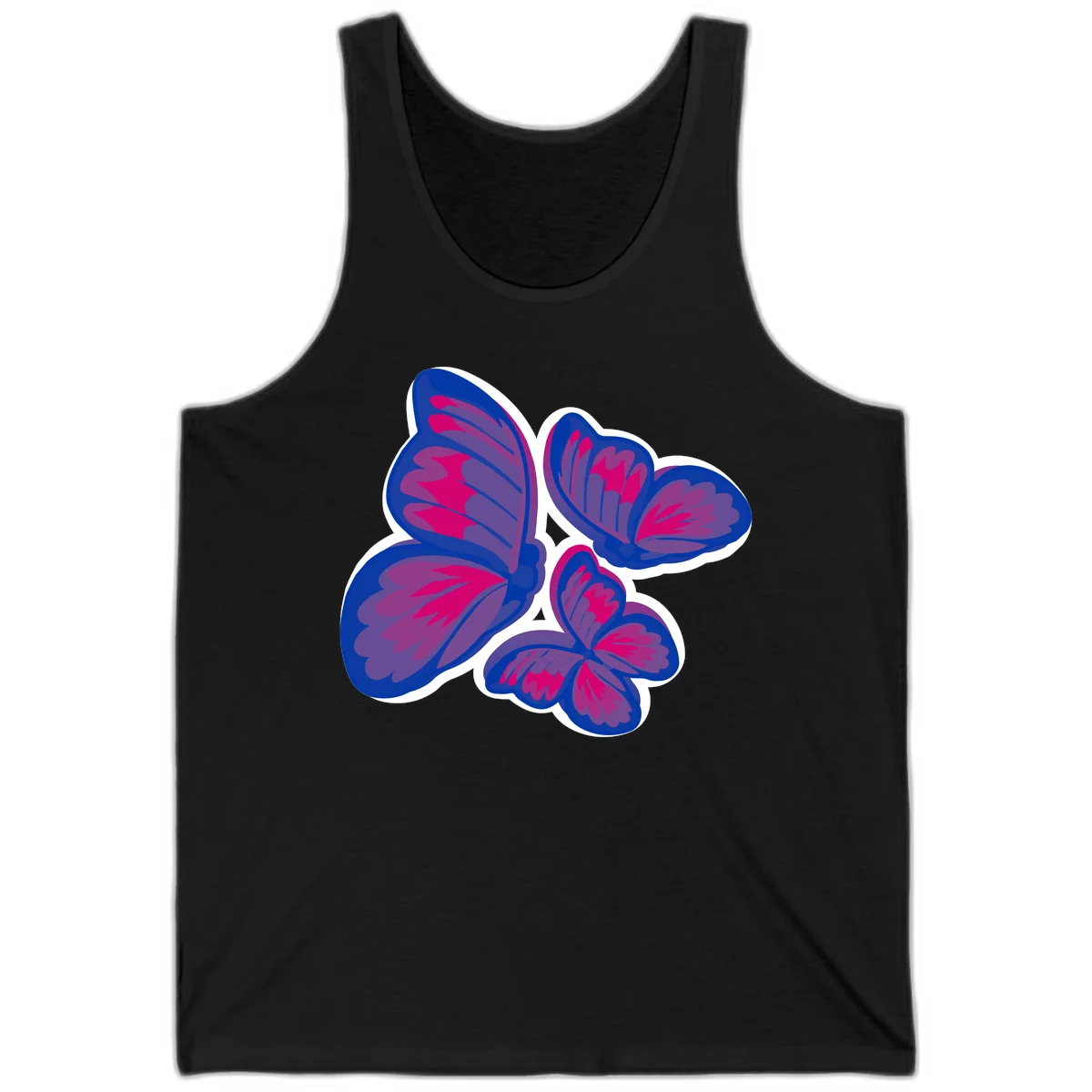 Colorful butterfly sticker design featuring four blue and magenta butterflies with layered wings and gradient shading on gray background in Black