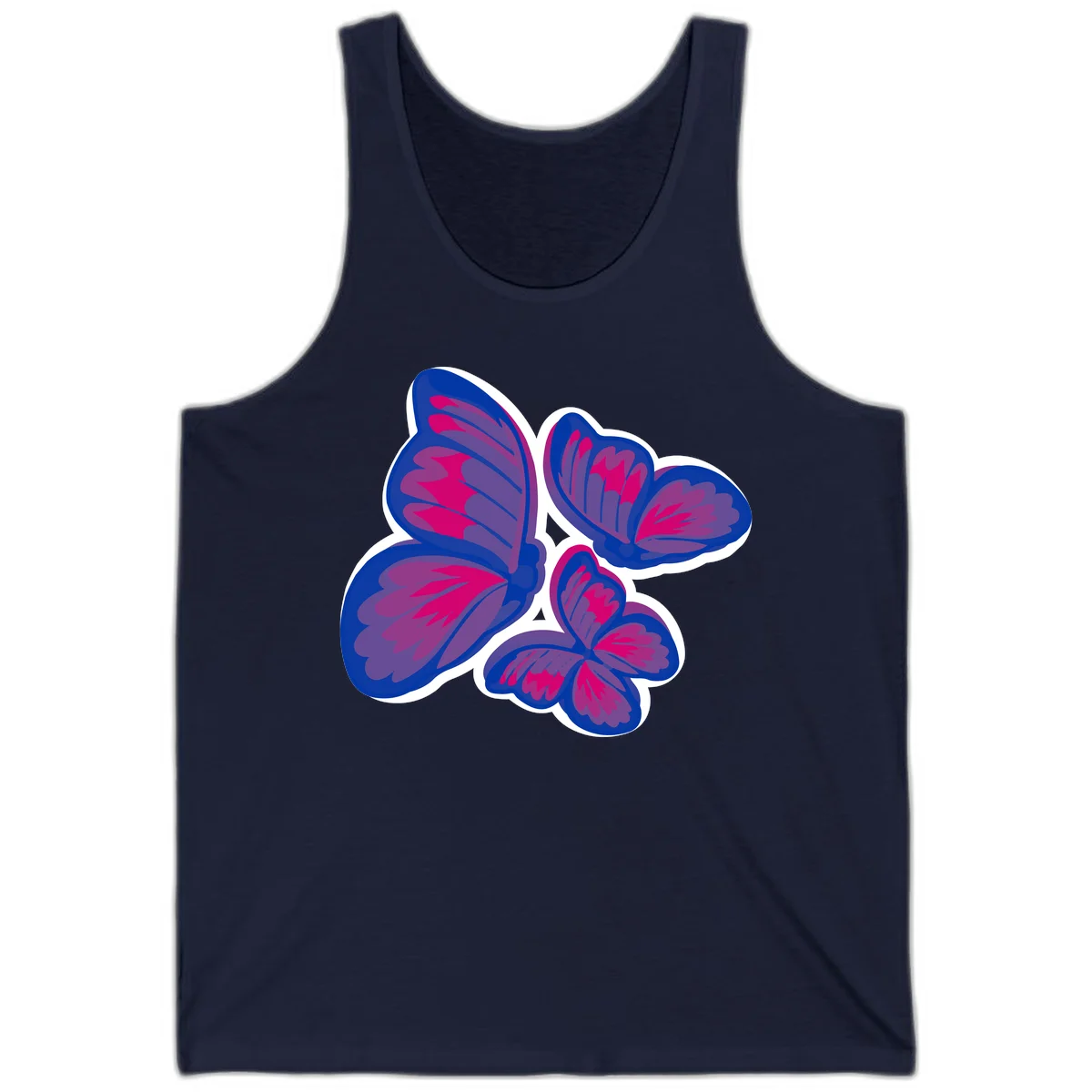 Colorful butterfly sticker design featuring four blue and magenta butterflies with layered wings and gradient shading on gray background in Navy