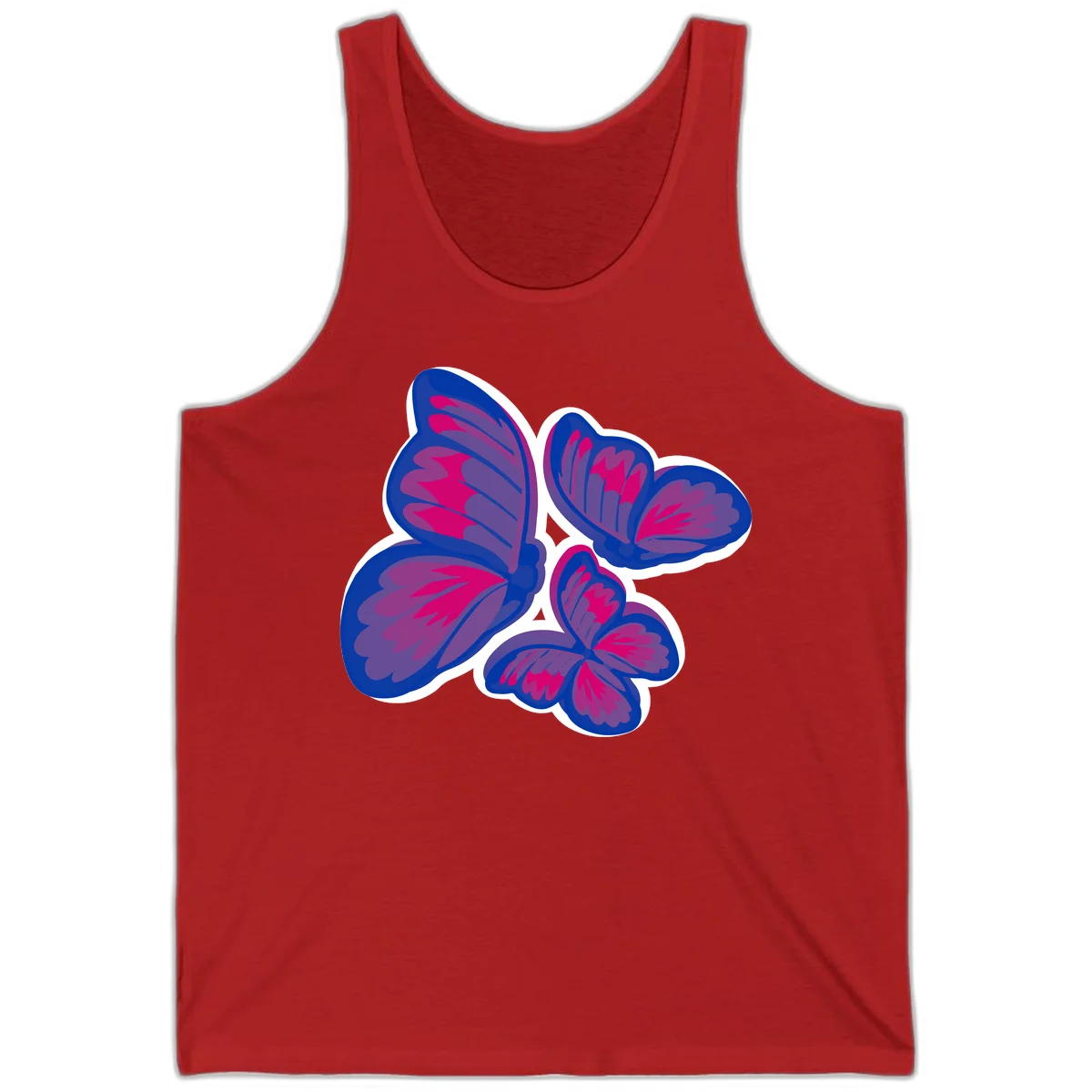 Colorful butterfly sticker design featuring four blue and magenta butterflies with layered wings and gradient shading on gray background in Red