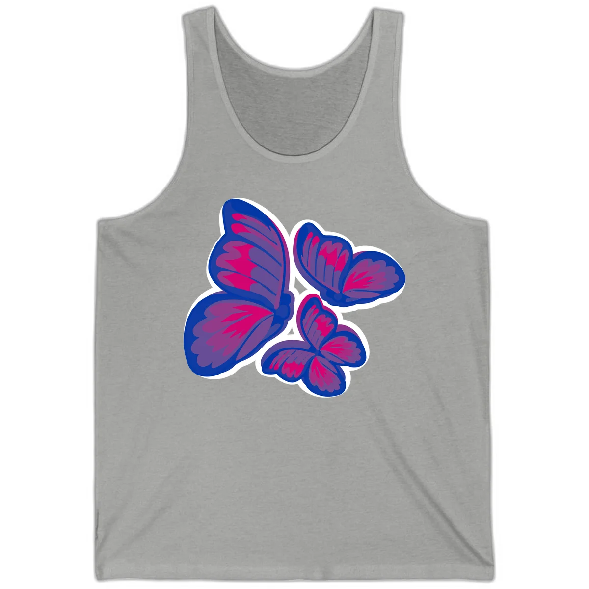 Colorful butterfly sticker design featuring four blue and magenta butterflies with layered wings and gradient shading on gray background in Athletic Heather