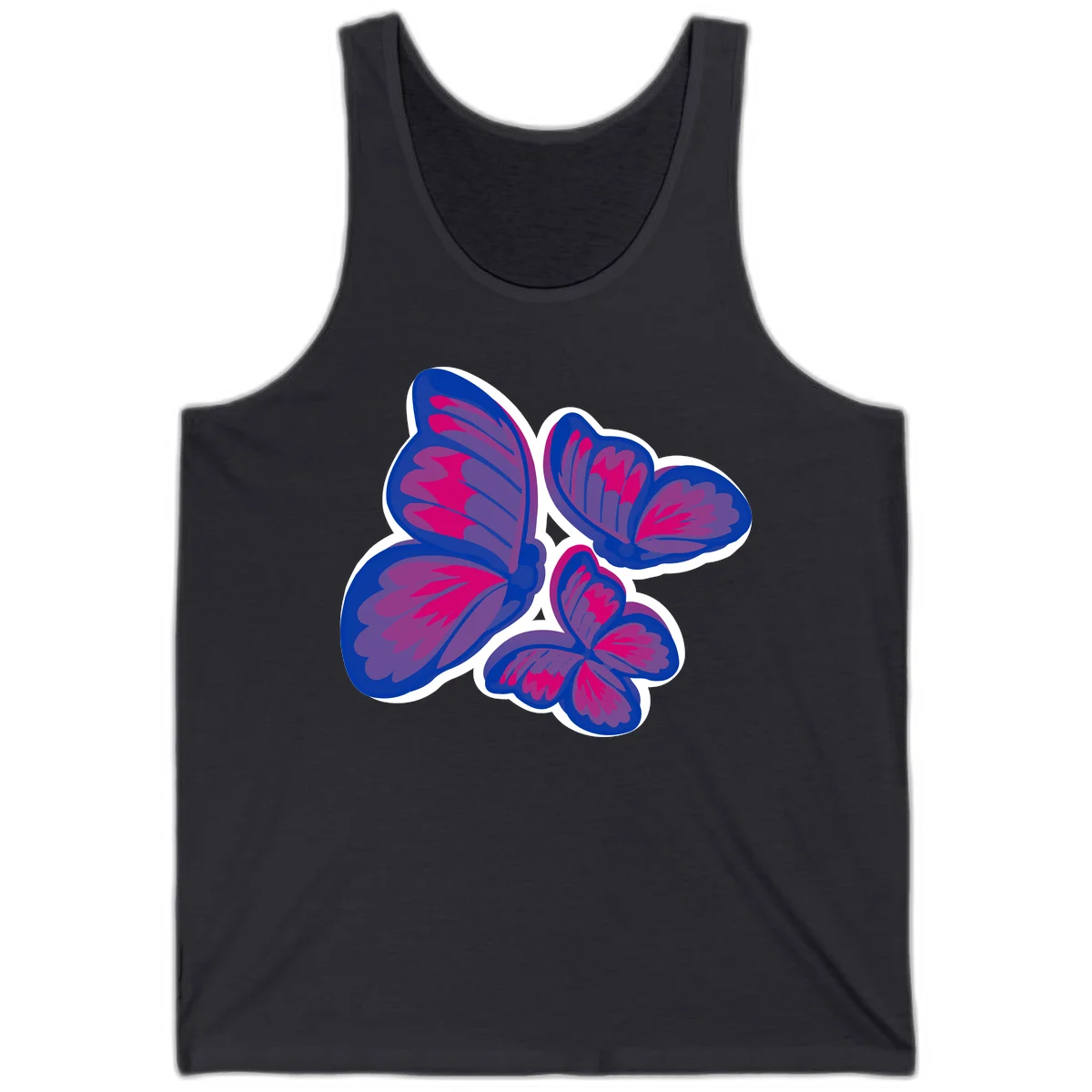 Colorful butterfly sticker design featuring four blue and magenta butterflies with layered wings and gradient shading on gray background in Dark Grey