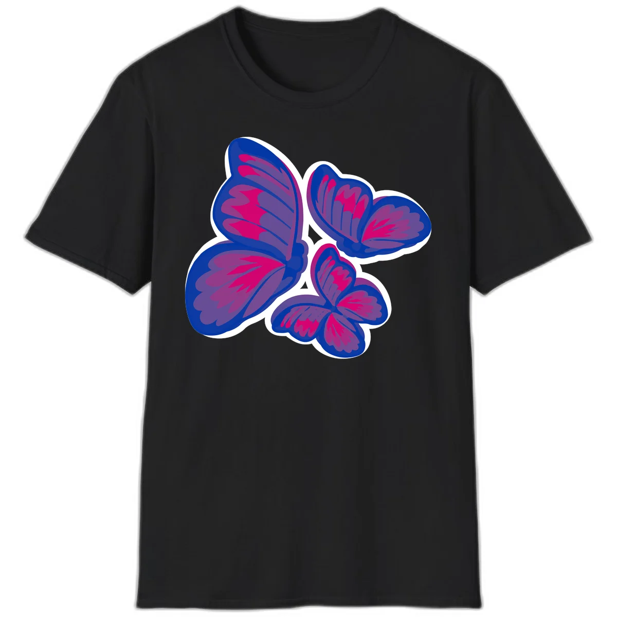 Colorful butterfly sticker design featuring four blue and magenta butterflies with layered wings and gradient shading on gray background in Black