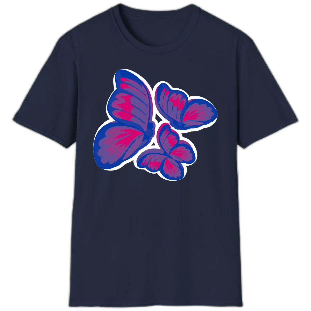 Colorful butterfly sticker design featuring four blue and magenta butterflies with layered wings and gradient shading on gray background in Navy