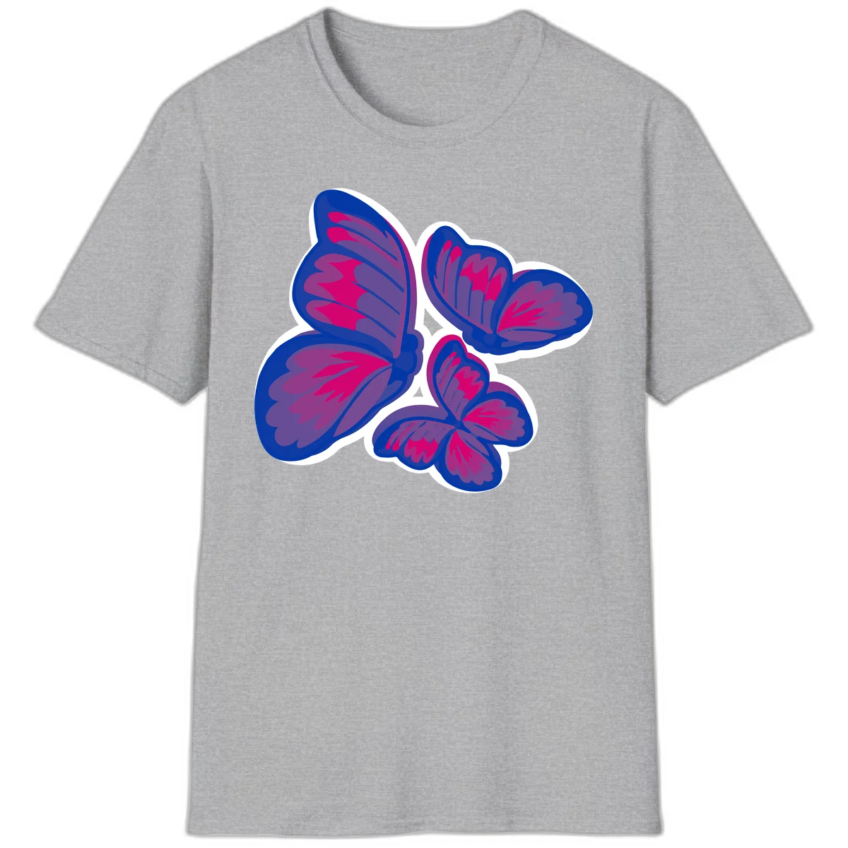 Colorful butterfly sticker design featuring four blue and magenta butterflies with layered wings and gradient shading on gray background in Sport Grey