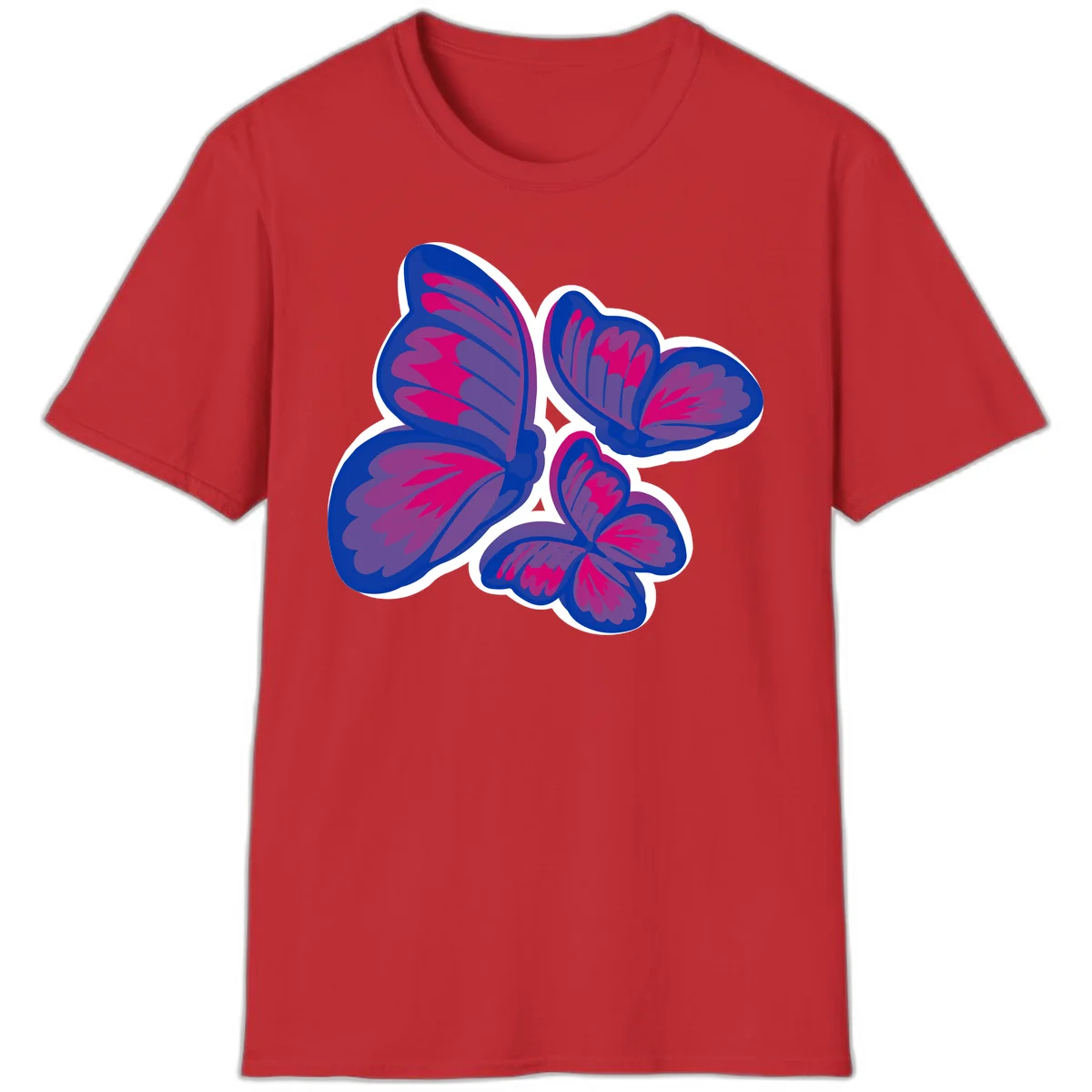 Colorful butterfly sticker design featuring four blue and magenta butterflies with layered wings and gradient shading on gray background in Red